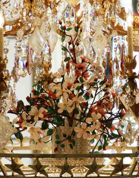 Closeup of the Apple Blossum Bouquet in the Chandelier